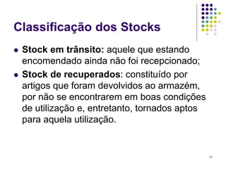 Classificação dos Stocks
 Stock em trânsito: aquele que estando
encomendado ainda não foi recepcionado;
 Stock de recuperados: constituído por
artigos que foram devolvidos ao armazém,
por não se encontrarem em boas condições
de utilização e, entretanto, tornados aptos
para aquela utilização.
11
 