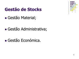 Gestão de Stocks
 Gestão Material;
 Gestão Administrativa;
 Gestão Económica.
15
 