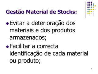 Gestão Material de Stocks:
Evitar a deterioração dos
materiais e dos produtos
armazenados;
Facilitar a correcta
identificação de cada material
ou produto;
16
 