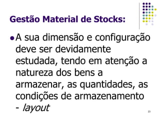 Gestão Material de Stocks:
A sua dimensão e configuração
deve ser devidamente
estudada, tendo em atenção a
natureza dos bens a
armazenar, as quantidades, as
condições de armazenamento
- layout 23
 