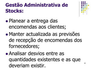 Gestão Administrativa de
Stocks:
 Planear a entrega das
encomendas aos clientes;
 Manter actualizada as previsões
de recepção de encomendas dos
fornecedores;
 Analisar desvios entre as
quantidades existentes e as que
deveriam existir.
26
 