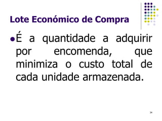 Lote Económico de Compra
É a quantidade a adquirir
por encomenda, que
minimiza o custo total de
cada unidade armazenada.
34
 