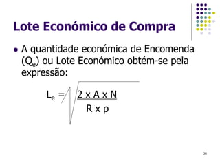 Lote Económico de Compra
 A quantidade económica de Encomenda
(Qe) ou Lote Económico obtém-se pela
expressão:
Le = 2 x A x N
R x p
36
 
