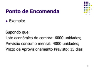 Ponto de Encomenda
 Exemplo:
Supondo que:
Lote económico de compra: 6000 unidades;
Previsão consumo mensal: 4000 unidades;
Prazo de Aprovisionamento Previsto: 15 dias
40
 