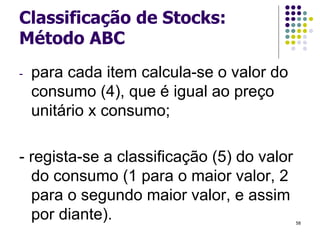 Classificação de Stocks:
Método ABC
- para cada item calcula-se o valor do
consumo (4), que é igual ao preço
unitário x consumo;
- regista-se a classificação (5) do valor
do consumo (1 para o maior valor, 2
para o segundo maior valor, e assim
por diante). 58
 