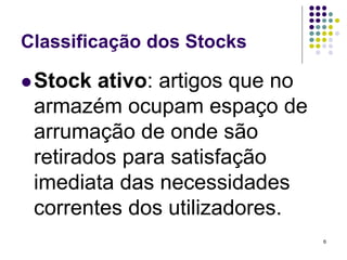 Classificação dos Stocks
Stock ativo: artigos que no
armazém ocupam espaço de
arrumação de onde são
retirados para satisfação
imediata das necessidades
correntes dos utilizadores.
6
 