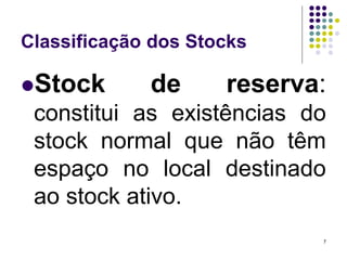 Classificação dos Stocks
Stock de reserva:
constitui as existências do
stock normal que não têm
espaço no local destinado
ao stock ativo.
7
 