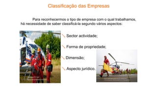 Classificação das Empresas
Para reconhecermos o tipo de empresa com o qual trabalhamos,
há necessidade de saber classificá-la segundo vários aspectos:
 Sector actividade;
 Forma de propriedade;
 Dimensão;
 Aspecto jurídico.
 