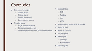 Conteúdos
■ Sistemas de numeração
 Sistema decimal
 Sistema binário
 Sistema hexadecimal
 Conversão entre sistemas
■ Aritmética binária
 Adição e subtração binária
 Complemento a dois e a um
 Representação de um número binário com bit de sinal
 Códigos binários
 BCD
 Paridade
 Gray
 ASCII
 Deteção de erros através do bit de paridade
 Álgebra de Boole
 Método de Karnaugh
 Funções lógicas
 Portas lógicas
 Simbologia
 Funcionamento
 Famílias lógicas
 