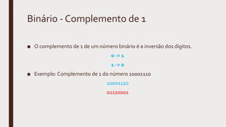 Binário - Complemento de 1
■ O complemento de 1 de um número binário é a inversão dos dígitos.
0 -> 1
1 -> 0
■ Exemplo: Complemento de 1 do número 10001110
10001110
01110001
 