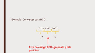 Exemplo: Converter para BCD
0111 1100 0001
7 1
Erro no código BCD: grupo de 4 bits
proibido
 