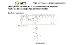 TEAC |UFCD 6033 - TRANSFORMADORES
43
Ricardo Santos
Ensaio em vazio (cont.)
Definição dos parâmetros do circuito equivalente através da
realização de ensaios (testes) ao transformador
 