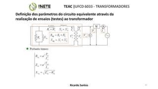 TEAC |UFCD 6033 - TRANSFORMADORES
45
Ricardo Santos
Definição dos parâmetros do circuito equivalente através da
realização de ensaios (testes) ao transformador
 