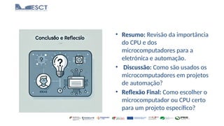 • Resumo: Revisão da importância
do CPU e dos
microcomputadores para a
eletrónica e automação.
• Discussão: Como são usados os
microcomputadores em projetos
de automação?
• Reflexão Final: Como escolher o
microcomputador ou CPU certo
para um projeto específico?
 