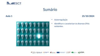 Sumário
Aula 1 25/10/2024
• Autorregulação
• Identificar e caracterizar os diversos CPUs
existentes.
 