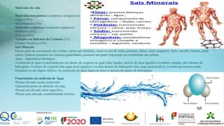 Moléculas da vida
Moléculas inorgânicas (compostos inorgânicos)
•Água (74%)
•Sais Minerais (1%)
Moléculas orgânicas (compostos orgânicos)
•Prótidos (16%)
•Lípidos (3%)
•Glícidos ou Hidratos de Carbono (1%)
•Ácidos Nucleicos (5%)
Sais Minerais
Fazem parte da constituição das células, vários sais minerais, como os sais de sódio, potássio, cálcio, cloro, magnésio, ferro, enxofre, fósforo, entre
outros. Embora presentes em menores quantidades, possuem um papel importante na constituição das células.
Água – Importância Biológica
A molécula de água é constituída por um átomo de oxigénio ao qual estão ligados, através de duas ligações covalentes simples, dois átomos de
hidrogénio. O átomo de oxigénio tem carga local negativa e os dois átomos de hidrogénio têm carga local positiva. A molécula torna-se polar,
formando-se um dipolo elétrico. As moléculas de água ligam-se entre si através de pontes de hidrogénio.
Propriedades da molécula de Água
•Possui elevada coesão molecular;
•Apresenta ponto de ebulição elevado;
•Possui um elevado calor específico;
•Possui uma elevada condutibilidade térmica.
 
