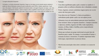 • Lavagens demasiado frequentes
• Os banhos e os duches demasiado frequentes, longos ou com água excessivamente quente originam a
perda dos fatores hidratantes naturais da pele (conhecidos como FHNs) e lípidos superficiais. A pele
seca e fica áspera. O pH da pele saudável é levemente ácido e a lavagem frequente com água - que varia
de neutra a ligeiramente alcalina - pode ter impacto sobre o equilíbrio natural da pele e prejudicar a sua
função de barreira protetora. Leia mais sobre cuidar da pele do corpo e rotina diária de cuidado do rosto.
• Nutrição
• Uma dieta equilibrada ajuda a pele a manter-se saudável. A
pesquisa sobre os melhores alimentos não é abundante contudo:
• Frutos, legumes, cereais e proteínas magras (peixe em vez de
carne) são bons para a pele.
• Uma dieta rica em Vitamina C e baixa em gorduras e
carboidratos pode ajudar a pele a ter um aspeto jovem.
• Alimentos ricos em antioxidantes parecem trazer benefícios.
Estes incluem: frutas ou legumes amarelos e laranjas (cenouras
e alperces), mirtilos, legumes de folha verde (espinafres),
tomates, ervilhas, feijão e lentilhas, peixe (especialmente
salmão), frutos secos.
• Dietas que excluem um grupo nutricional em geral não são
benéficas para a saúde. No entanto, é recomendável limitar o
consumo de doces e lacticínios. É também importante beber
muita água, especialmente as pessoas idosas.
• Não há uma associação clara entre a nutrição e as causas da
acne.
 