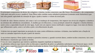 Os principais componentes da derme são colagénio e elastina, tecidos conectores, que dão força e flexibilidade e são componentes
vitais para uma pele jovem e saudável. Estas fibras estão contidas numa substância gelatinosa (contendo ácido hialurónico) que
tem uma grande capacidade de retenção de água e ajuda a manter o volume da nossa pele.
O estilo de vida e fatores externos, tais como o sol e as mudanças de temperatura, têm impacto nos níveis de colagénio e elastina e
na estrutura das substâncias circundantes. À medida que envelhecemos, a nossa produção natural de colagénio e elastina diminui,
assim como a capacidade da pele de reter água. A pele tem um especto menos tonificado e surgem as rugas. Leia mais em fatores
que influenciam a pele, como o sol afeta a pele e envelhecimento da pele.
A derme tem um papel importante na proteção do corpo contra influências externas e irritantes, mas também tem a função de
nutrir as camadas superiores da pele a partir do interior:
A sua textura espessa e firme ajuda a atenuar as pressões externas e, quando ocorrem danos, contém tecidos conectores, tais como
fibroblastos e mastócitos que curam as feridas.
É rica em vasos sanguíneos que nutrem a epiderme enquanto expulsam as impurezas.
As glândulas sebáceas (que trazem sebo ou óleo para a superfície da pele) e as glândulas sudoríparas (que fornecem água e ácido
láctico para a superfície da pele) estão ambas localizadas na derme. Estes fluidos combinados formam o filme hidrolipídico.
 
