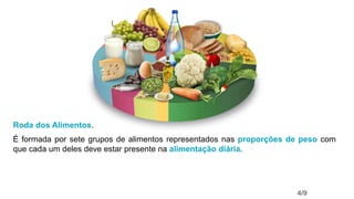 Roda dos Alimentos.
É formada por sete grupos de alimentos representados nas proporções de peso com
que cada um deles deve estar presente na alimentação diária.
4/9
 