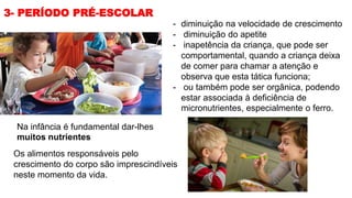 3- PERÍODO PRÉ-ESCOLAR
- diminuição na velocidade de crescimento
- diminuição do apetite
- inapetência da criança, que pode ser
comportamental, quando a criança deixa
de comer para chamar a atenção e
observa que esta tática funciona;
- ou também pode ser orgânica, podendo
estar associada à deficiência de
micronutrientes, especialmente o ferro.
Na infância é fundamental dar-lhes
muitos nutrientes
Os alimentos responsáveis pelo
crescimento do corpo são imprescindíveis
neste momento da vida.
 
