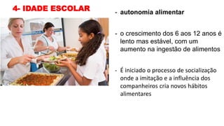 4- IDADE ESCOLAR - autonomia alimentar
- o crescimento dos 6 aos 12 anos é
lento mas estável, com um
aumento na ingestão de alimentos
- É iniciado o processo de socialização
onde a imitação e a influência dos
companheiros cria novos hábitos
alimentares
 