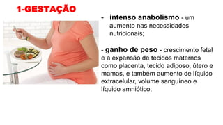 1-GESTAÇÃO
- intenso anabolismo - um
aumento nas necessidades
nutricionais;
- ganho de peso - crescimento fetal
e a expansão de tecidos maternos
como placenta, tecido adiposo, útero e
mamas, e também aumento de líquido
extracelular, volume sanguíneo e
líquido amniótico;
 
