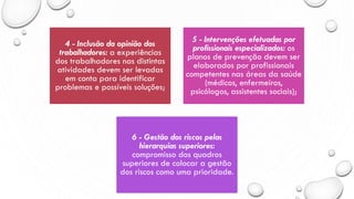 4 - Inclusão da opinião dos
trabalhadores: a experiências
dos trabalhadores nas distintas
atividades devem ser levadas
em conta para identificar
problemas e possíveis soluções;
5 - Intervenções efetuadas por
profissionais especializados: os
planos de prevenção devem ser
elaborados por profissionais
competentes nas áreas da saúde
(médicos, enfermeiros,
psicólogos, assistentes sociais);
6 - Gestão dos riscos pelas
hierarquias superiores:
compromisso dos quadros
superiores de colocar a gestão
dos riscos como uma prioridade.
 