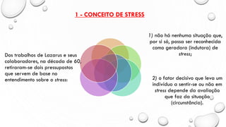 1 - CONCEITO DE STRESS
Dos trabalhos de Lazarus e seus
colaboradores, na década de 60,
retiraram-se dois pressupostos
que servem de base no
entendimento sobre o stress:
1) não há nenhuma situação que,
por si só, possa ser reconhecida
como geradora (indutora) de
stress;
2) o fator decisivo que leva um
indivíduo a sentir-se ou não em
stress depende da avaliação
que faz da situação
(circunstância).
 