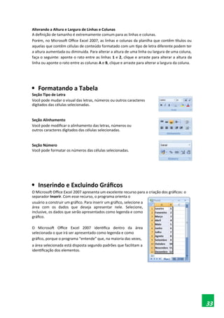 Alterando a Altura e Largura de Linhas e Colunas
A definição de tamanho é extremamente comum para as linhas e colunas.
Porém, no Microsoft Office Excel 2007, as linhas e colunas da planilha que contêm títulos ou
aquelas que contêm células de conteúdo formatado com um tipo de letra diferente podem ter
a altura aumentada ou diminuída. Para alterar a altura de uma linha ou largura de uma coluna,
faça o seguinte: aponte o rato entre as linhas 1 e 2, clique e arraste para alterar a altura da
linha ou aponte o rato entre as colunas A e B, clique e arraste para alterar a largura da coluna.

Formatando a Tabela
Seção Tipo de Letra
Você pode mudar o visual das letras, números ou outros caracteres
digitados das células selecionadas.
Seção Alinhamento
Você pode modificar o alinhamento das letras, números ou
outros caracteres digitados das células selecionadas.
Seção Número
Você pode formatar os números das células selecionadas.

Inserindo e Excluindo Gráficos
O Microsoft Office Excel 2007 apresenta um excelente recurso para a criação dos gráficos: o
separador Inserir. Com esse recurso, o programa orienta o
usuário a construir um gráfico. Para inserir um gráfico, selecione a
área com os dados que deseja apresentar nele. Selecione,
inclusive, os dados que serão apresentados como legenda e como
gráfico.
O Microsoft Office Excel 2007 identifica dentro da área
selecionada o que irá ser apresentado como legenda e como
gráfico, porque o programa “entende” que, na maioria das vezes,
a área selecionada está disposta segundo padrões que facilitam a
identificação dos elementos.
33
 