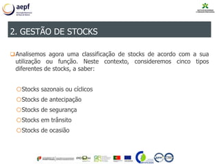 Analisemos agora uma classificação de stocks de acordo com a sua
utilização ou função. Neste contexto, consideremos cinco tipos
diferentes de stocks, a saber:
oStocks sazonais ou cíclicos
oStocks de antecipação
oStocks de segurança
oStocks em trânsito
oStocks de ocasião
2. GESTÃO DE STOCKS
 