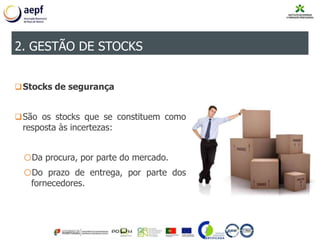 Stocks de segurança
São os stocks que se constituem como
resposta às incertezas:
oDa procura, por parte do mercado.
oDo prazo de entrega, por parte dos
fornecedores.
2. GESTÃO DE STOCKS
 
