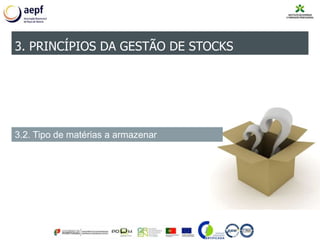3. PRINCÍPIOS DA GESTÃO DE STOCKS
3.2. Tipo de matérias a armazenar
 