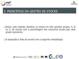 Assim, este método classifica os stocks em três grandes grupos, A, B
ou C, de acordo com a percentagem dos consumos anuais que cada
grupo representa.
A separação e feita de acordo com a seguinte metodologia:
3. PRINCÍPIOS DA GESTÃO DE STOCKS
 