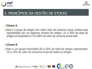 Classe A
Este é o grupo de artigos com maior valor de consumo anual, embora seja
representado por um pequeno número de artigos: 15 a 20% do total de
artigos correspondem a 75 a 80% do valor do consumo anual total.
Classe B
Este e um grupo intermédio:20 a 25% do total de artigos representam
10 a 15% do valor do consumo anual de todos os artigos.
3. PRINCÍPIOS DA GESTÃO DE STOCKS
 