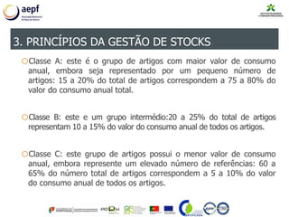 oClasse A: este é o grupo de artigos com maior valor de consumo
anual, embora seja representado por um pequeno número de
artigos: 15 a 20% do total de artigos correspondem a 75 a 80% do
valor do consumo anual total.
oClasse B: este e um grupo intermédio:20 a 25% do total de artigos
representam 10 a 15% do valor do consumo anual de todos os artigos.
oClasse C: este grupo de artigos possui o menor valor de consumo
anual, embora represente um elevado número de referências: 60 a
65% do número total de artigos correspondem a 5 a 10% do valor
do consumo anual de todos os artigos.
3. PRINCÍPIOS DA GESTÃO DE STOCKS
 