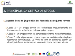 A gestão de cada grupo deve ser realizada da seguinte forma:
oClasse A - Os artigos devem ser controlados frequentemente de
forma a manter existências baixas e evitar ruturas.
oClasse B - Os artigos devem ser controlados de forma mais automatizada.
oClasse C - Os artigos devem possuir regras de decisão muito simples e
totalmente automatizadas. Os níveis de stock de segurança podem ser
elevados de forma a minimizar os inconvenientes de eventuais ruturas.
3. PRINCÍPIOS DA GESTÃO DE STOCKS
 