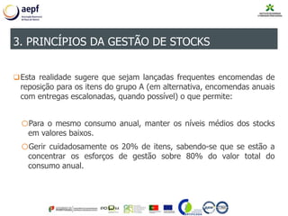 Esta realidade sugere que sejam lançadas frequentes encomendas de
reposição para os itens do grupo A (em alternativa, encomendas anuais
com entregas escalonadas, quando possível) o que permite:
oPara o mesmo consumo anual, manter os níveis médios dos stocks
em valores baixos.
oGerir cuidadosamente os 20% de itens, sabendo-se que se estão a
concentrar os esforços de gestão sobre 80% do valor total do
consumo anual.
3. PRINCÍPIOS DA GESTÃO DE STOCKS
 