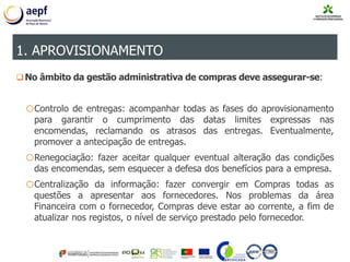 No âmbito da gestão administrativa de compras deve assegurar-se:
oControlo de entregas: acompanhar todas as fases do aprovisionamento
para garantir o cumprimento das datas limites expressas nas
encomendas, reclamando os atrasos das entregas. Eventualmente,
promover a antecipação de entregas.
oRenegociação: fazer aceitar qualquer eventual alteração das condições
das encomendas, sem esquecer a defesa dos benefícios para a empresa.
oCentralização da informação: fazer convergir em Compras todas as
questões a apresentar aos fornecedores. Nos problemas da área
Financeira com o fornecedor, Compras deve estar ao corrente, a fim de
atualizar nos registos, o nível de serviço prestado pelo fornecedor.
1. APROVISIONAMENTO
 