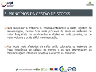 Para minimizar o trabalho e, consequentemente o custo logístico da
armazenagem, devem ficar mais próximos da saída os materiais de
maior frequência de movimentos e destes os mais pesados, os de
maior volume e os de difícil movimentação.
Nos locais mais afastados da saída serão colocados os materiais de
fraca frequência de saídas; os monos e os que atravanquem as
movimentações interiores devido à sua forma ou tamanho.
3. PRINCÍPIOS DA GESTÃO DE STOCKS
 