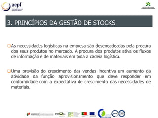 As necessidades logísticas na empresa são desencadeadas pela procura
dos seus produtos no mercado. A procura dos produtos ativa os fluxos
de informação e de materiais em toda a cadeia logística.
Uma previsão do crescimento das vendas incentiva um aumento da
atividade da função aprovisionamento que deve responder em
conformidade com a expectativa de crescimento das necessidades de
materiais.
3. PRINCÍPIOS DA GESTÃO DE STOCKS
 