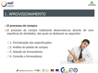 O processo de compra
O processo de compra tradicional desenvolve-se através de uma
sequência de atividades, das quais se destacam as seguintes:
o1. Formalização das especificações.
o2. Análise do pedido de compra.
o3. Seleção de fornecedores.
o4. Consulta a fornecedores.
1. APROVISIONAMENTO
 