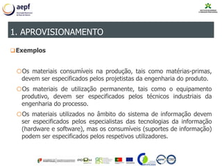 Exemplos
oOs materiais consumíveis na produção, tais como matérias-primas,
devem ser especificados pelos projetistas da engenharia do produto.
oOs materiais de utilização permanente, tais como o equipamento
produtivo, devem ser especificados pelos técnicos industriais da
engenharia do processo.
oOs materiais utilizados no âmbito do sistema de informação devem
ser especificados pelos especialistas das tecnologias da informação
(hardware e software), mas os consumíveis (suportes de informação)
podem ser especificados pelos respetivos utilizadores.
1. APROVISIONAMENTO
 