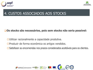Os stocks são necessários, pois sem stocks não seria possível:
oUtilizar racionalmente a capacidade produtiva.
oProduzir de forma económica os artigos vendidos.
oSatisfazer as encomendas nos prazos considerados aceitáveis para os clientes.
4. CUSTOS ASSOCIADOS AOS STOCKS
 