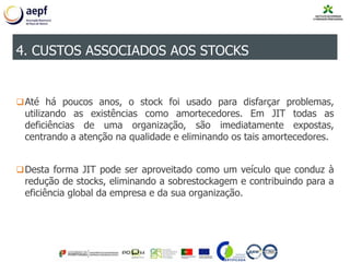 Até há poucos anos, o stock foi usado para disfarçar problemas,
utilizando as existências como amortecedores. Em JIT todas as
deficiências de uma organização, são imediatamente expostas,
centrando a atenção na qualidade e eliminando os tais amortecedores.
Desta forma JIT pode ser aproveitado como um veículo que conduz à
redução de stocks, eliminando a sobrestockagem e contribuindo para a
eficiência global da empresa e da sua organização.
4. CUSTOS ASSOCIADOS AOS STOCKS
 