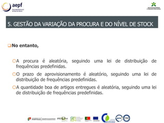 No entanto,
oA procura é aleatória, seguindo uma lei de distribuição de
frequências predefinidas.
oO prazo de aprovisionamento é aleatório, seguindo uma lei de
distribuição de frequências predefinidas.
oA quantidade boa de artigos entregues é aleatória, seguindo uma lei
de distribuição de frequências predefinidas.
5. GESTÃO DA VARIAÇÃO DA PROCURA E DO NÍVEL DE STOCK
 