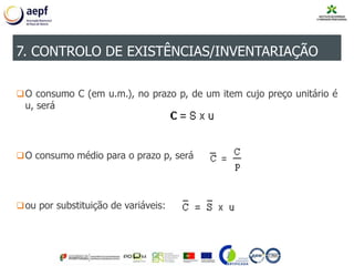 O consumo C (em u.m.), no prazo p, de um item cujo preço unitário é
u, será
O consumo médio para o prazo p, será
ou por substituição de variáveis:
7. CONTROLO DE EXISTÊNCIAS/INVENTARIAÇÃO
 