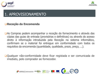 Receção da Encomenda
As Compras podem acompanhar a receção do fornecimento e através das
cópias das guias de entrada (provisórias e definitivas) ou através do acesso
direto à informação introduzida pela Receção no sistema informático,
confirmam se o material foi entregue em conformidade com todos os
requisitos da encomenda (quantidade, qualidade, prazo, preço, ...).
Qualquer não-conformidade deve ficar registada e ser comunicada de
imediato, pelo comprador ao fornecedor.
1. APROVISIONAMENTO
 