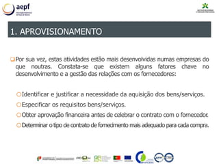 Por sua vez, estas atividades estão mais desenvolvidas numas empresas do
que noutras. Constata-se que existem alguns fatores chave no
desenvolvimento e a gestão das relações com os fornecedores:
oIdentificar e justificar a necessidade da aquisição dos bens/serviços.
oEspecificar os requisitos bens/serviços.
oObter aprovação financeira antes de celebrar o contrato com o fornecedor.
oDeterminar o tipo de contrato de fornecimento mais adequado para cada compra.
1. APROVISIONAMENTO
 