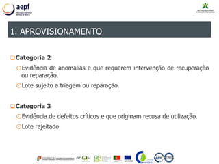 Categoria 2
oEvidência de anomalias e que requerem intervenção de recuperação
ou reparação.
oLote sujeito a triagem ou reparação.
Categoria 3
oEvidência de defeitos críticos e que originam recusa de utilização.
oLote rejeitado.
1. APROVISIONAMENTO
 