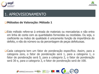 Métodos de Valoração: Método 1
Este método refere-se à entrada de materiais ou mercadorias e não entra
em linha de conta com as quantidades fornecidas ou recebidas. Ou seja, o
coeficiente ou índice de qualidade é unicamente função da importância do
defeito, e não do número ou da percentagem de peças defeituosas.
Cada categoria tem um fator de ponderação específico. Assim, para a
categoria zero, o fator de ponderação será 1, para a categoria 1, o
fator de ponderação será 5, para a categoria 2, o fator de ponderação
será 30 e, para a categoria 3, o fator de ponderação será de 100.
1. APROVISIONAMENTO
 